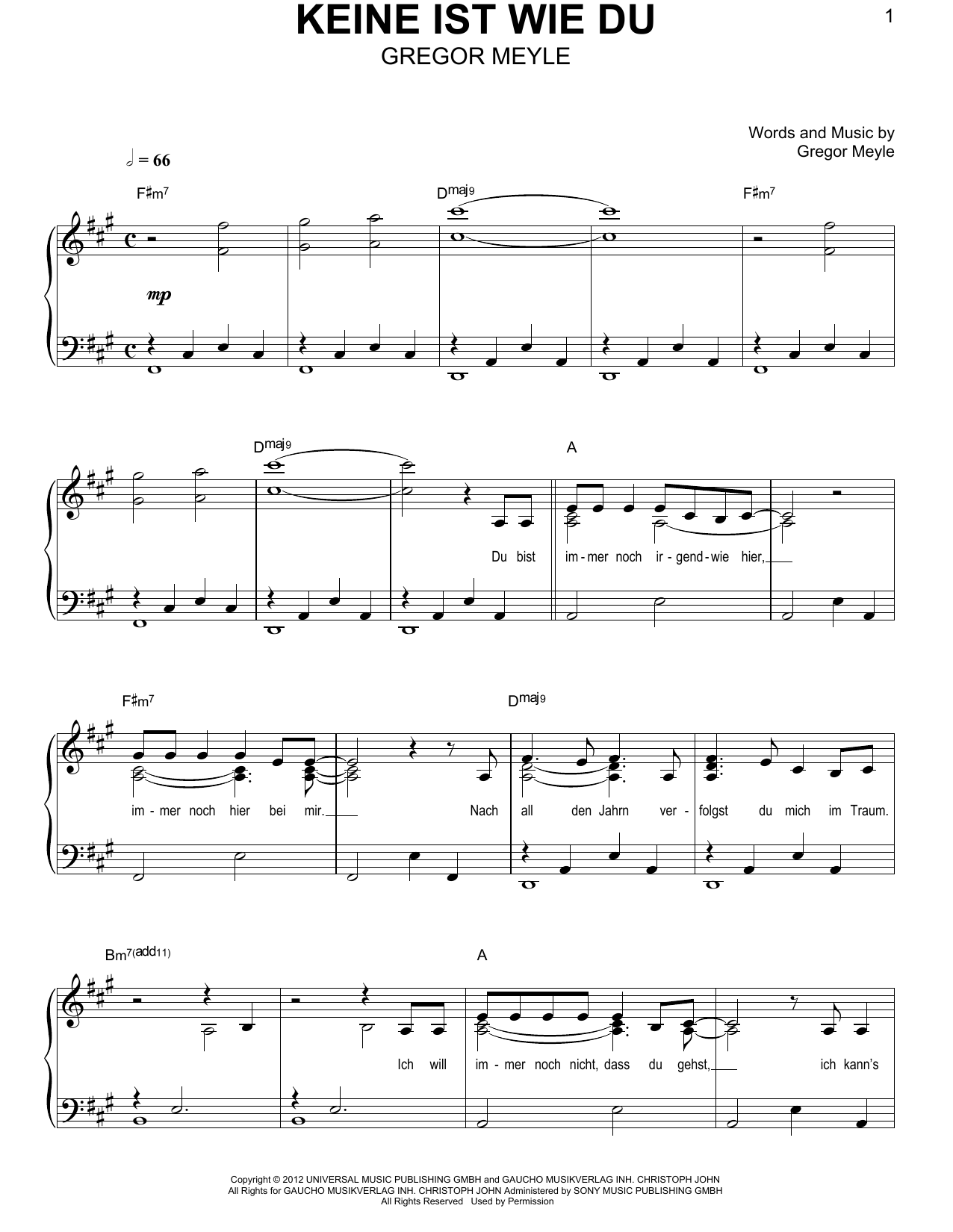 Download Gregor Meyle Keine Ist Wie Du Sheet Music and learn how to play Easy Piano PDF digital score in minutes