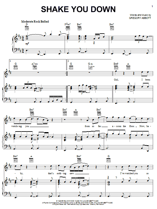 Download Gregory Abbott Shake You Down Sheet Music and learn how to play Piano, Vocal & Guitar (Right-Hand Melody) PDF digital score in minutes