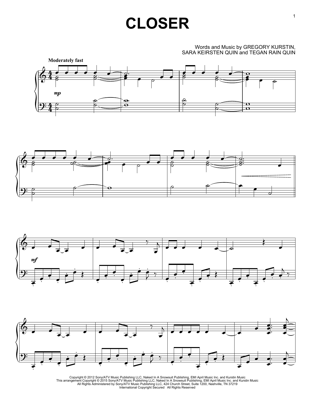 Download Gregory Kurstin Closer Sheet Music and learn how to play Piano PDF digital score in minutes