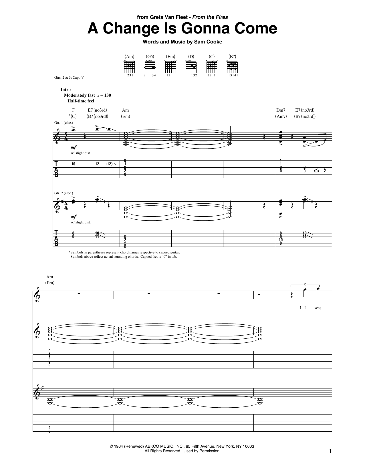 Download Greta Van Fleet A Change Is Gonna Come Sheet Music and learn how to play Guitar Tab PDF digital score in minutes