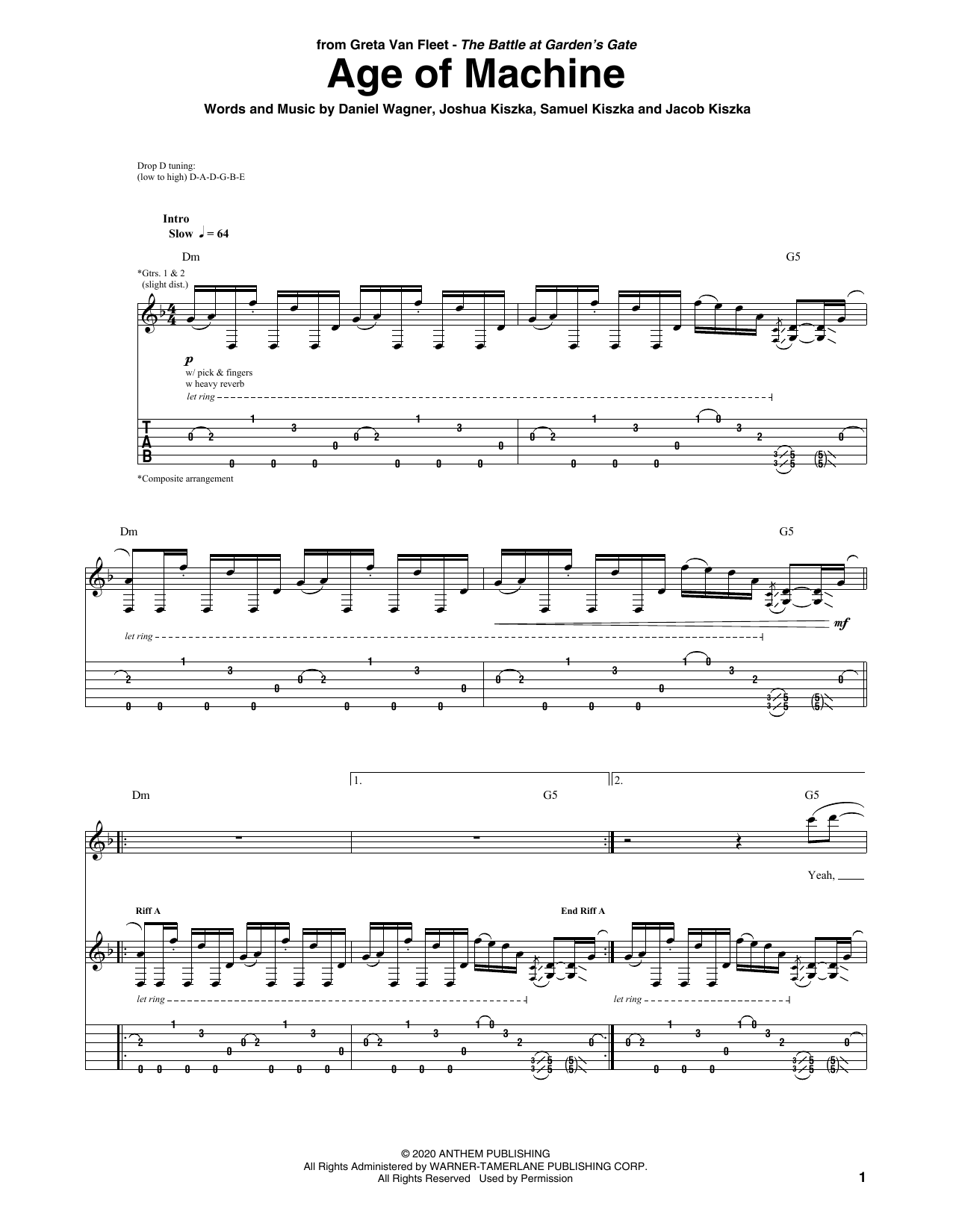 Download Greta Van Fleet Age Of Machine Sheet Music and learn how to play Guitar Tab PDF digital score in minutes