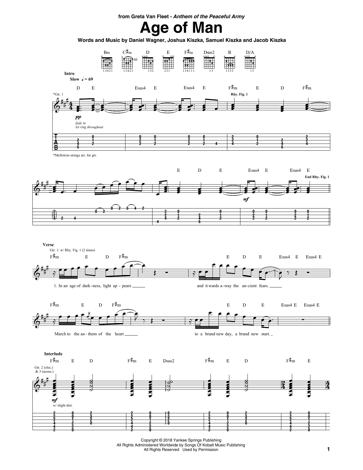 Download Greta Van Fleet Age Of Man Sheet Music and learn how to play Guitar Tab PDF digital score in minutes