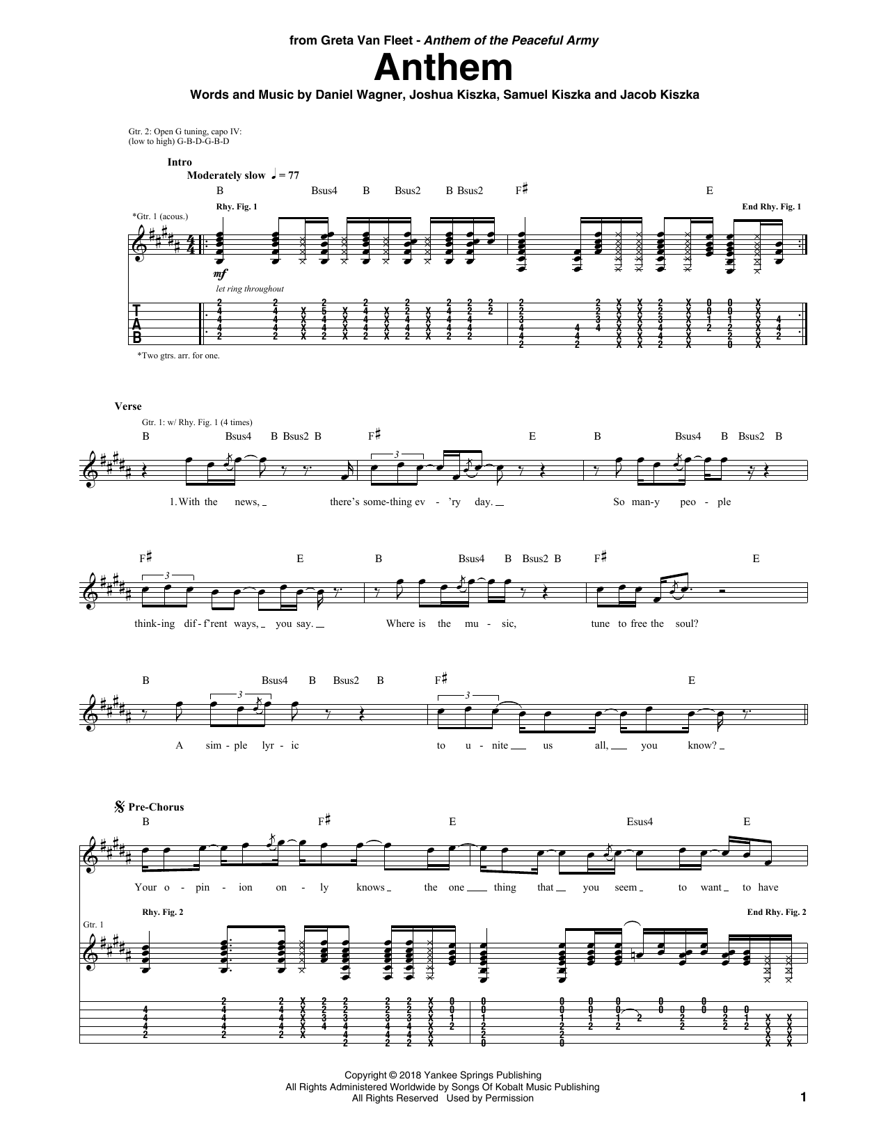 Download Greta Van Fleet Anthem Sheet Music and learn how to play Guitar Tab PDF digital score in minutes