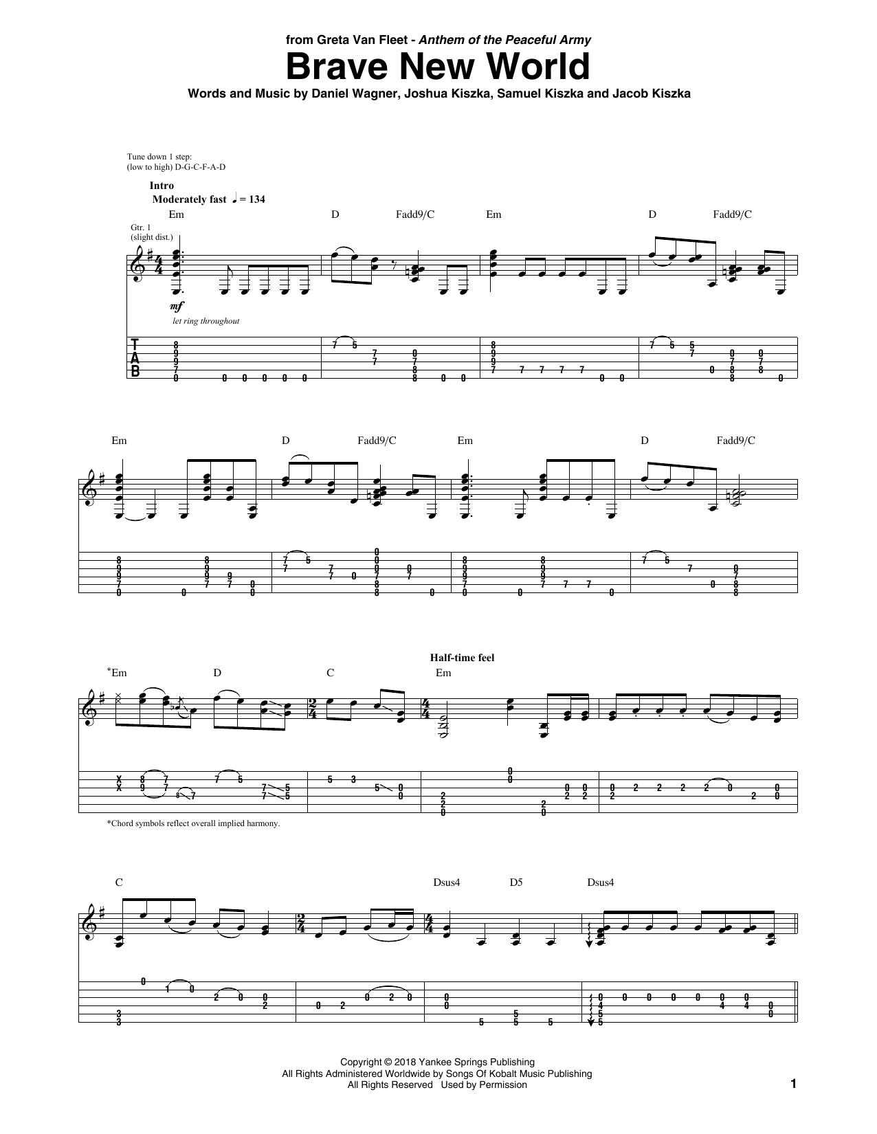 Download Greta Van Fleet Brave New World Sheet Music and learn how to play Guitar Tab PDF digital score in minutes