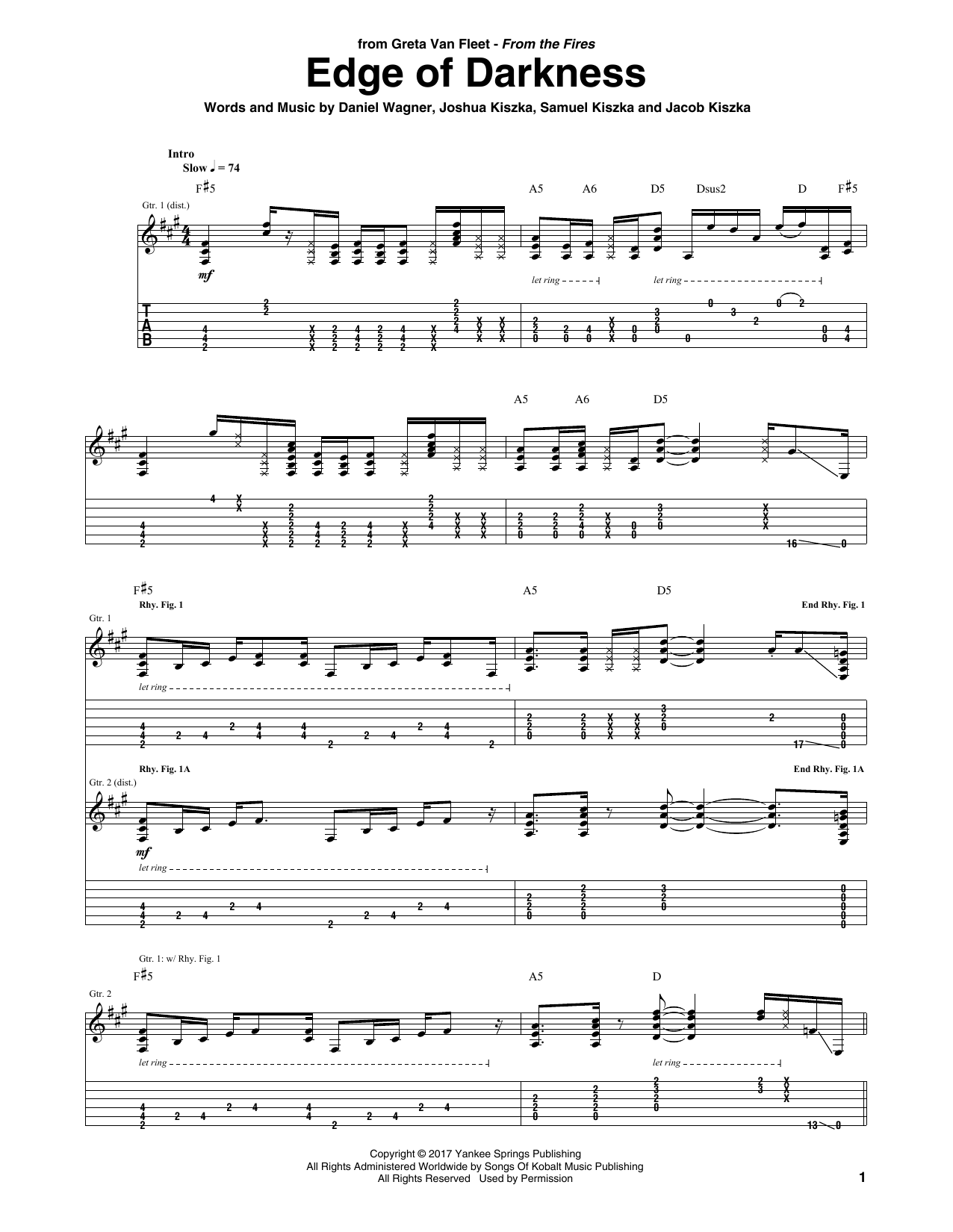 Download Greta Van Fleet Edge Of Darkness Sheet Music and learn how to play Guitar Tab PDF digital score in minutes