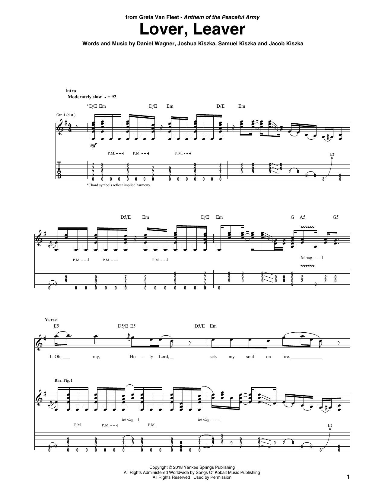 Download Greta Van Fleet Lover, Leaver Sheet Music and learn how to play Guitar Tab PDF digital score in minutes