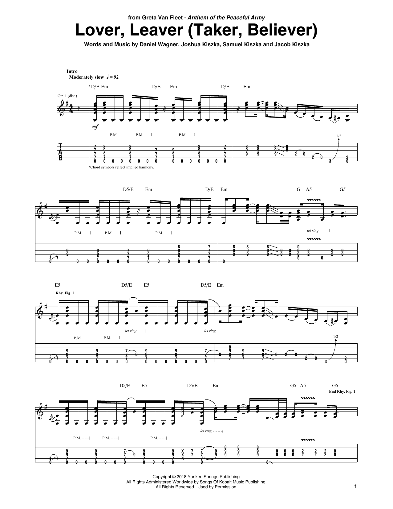 Download Greta Van Fleet Lover, Leaver (Taker, Believer) Sheet Music and learn how to play Guitar Tab PDF digital score in minutes