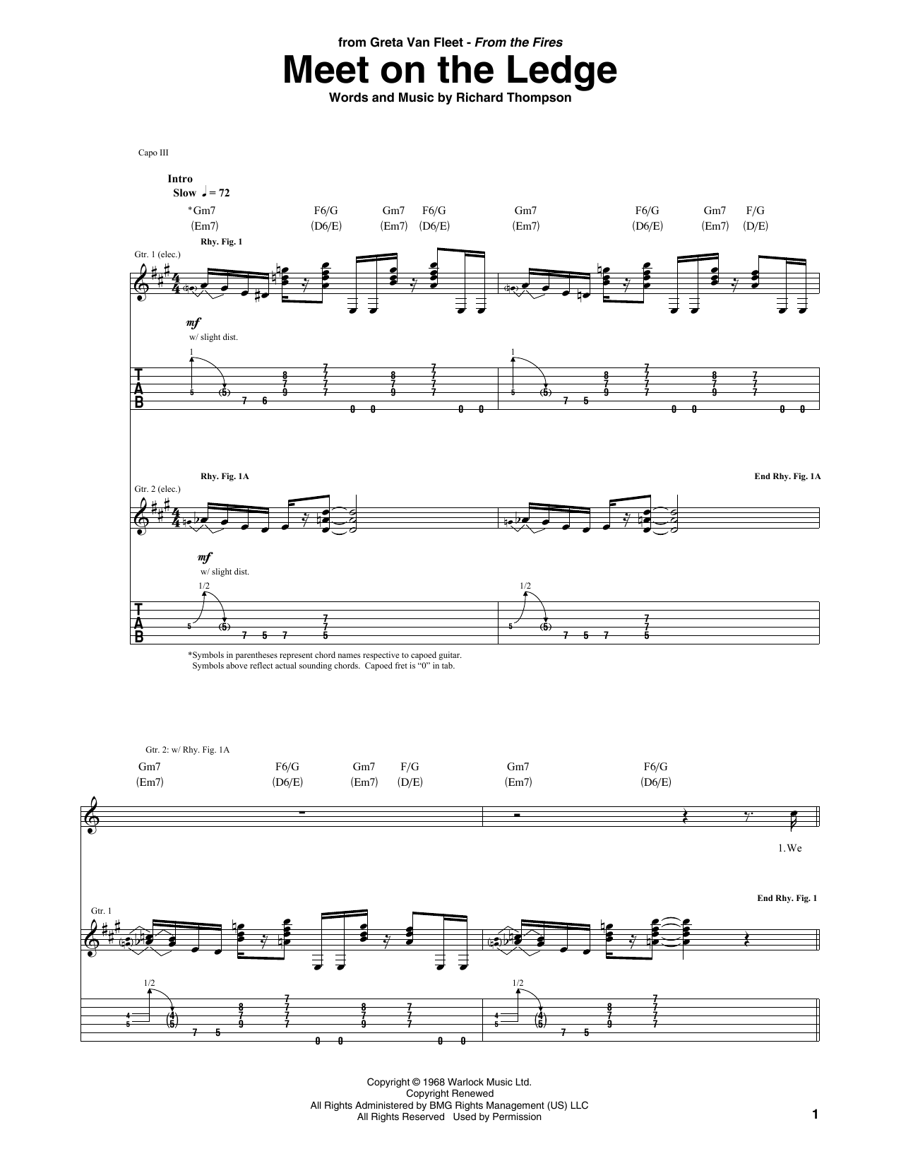 Download Greta Van Fleet Meet On The Ledge Sheet Music and learn how to play Guitar Tab PDF digital score in minutes