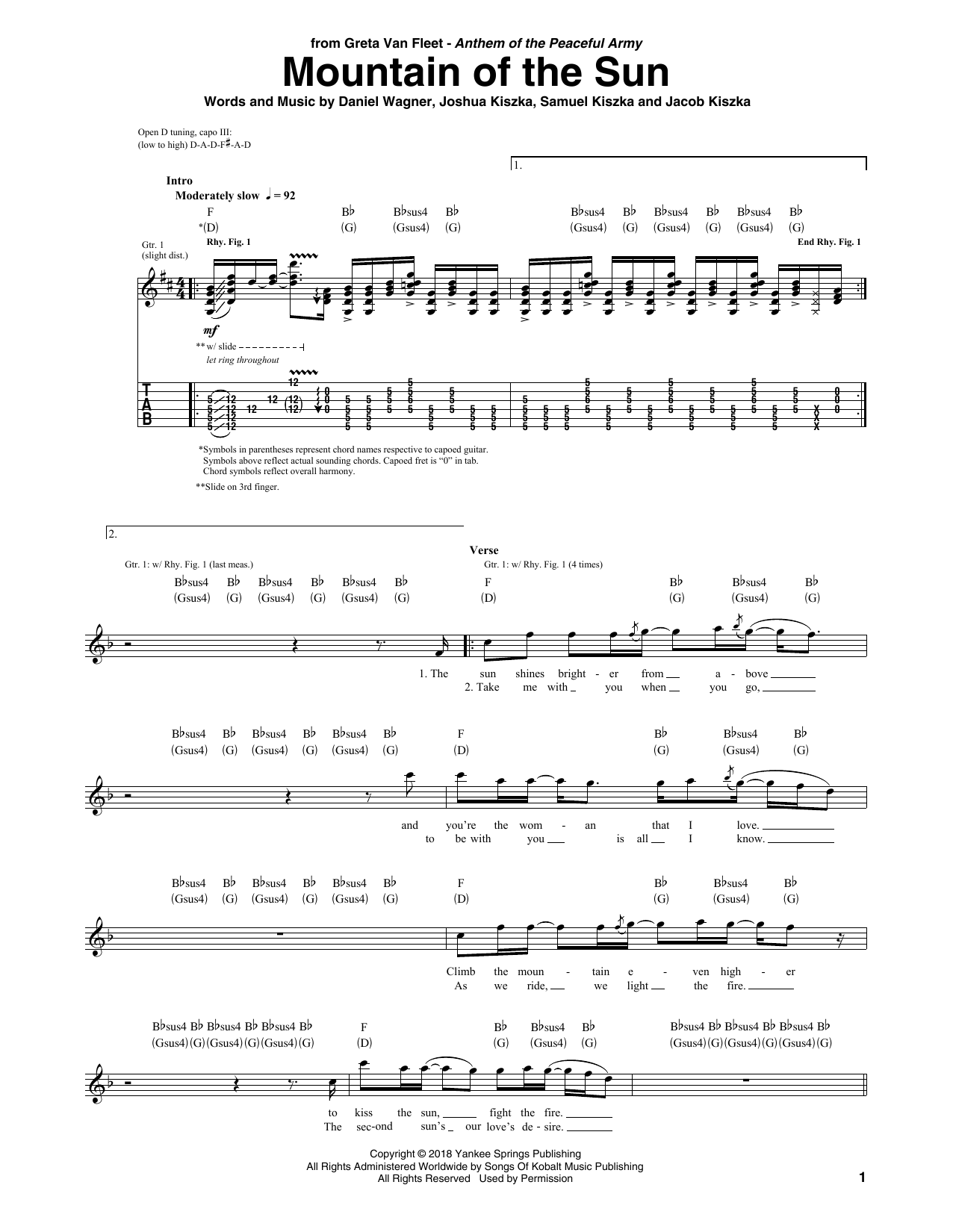 Download Greta Van Fleet Mountain Of The Sun Sheet Music and learn how to play Guitar Tab PDF digital score in minutes