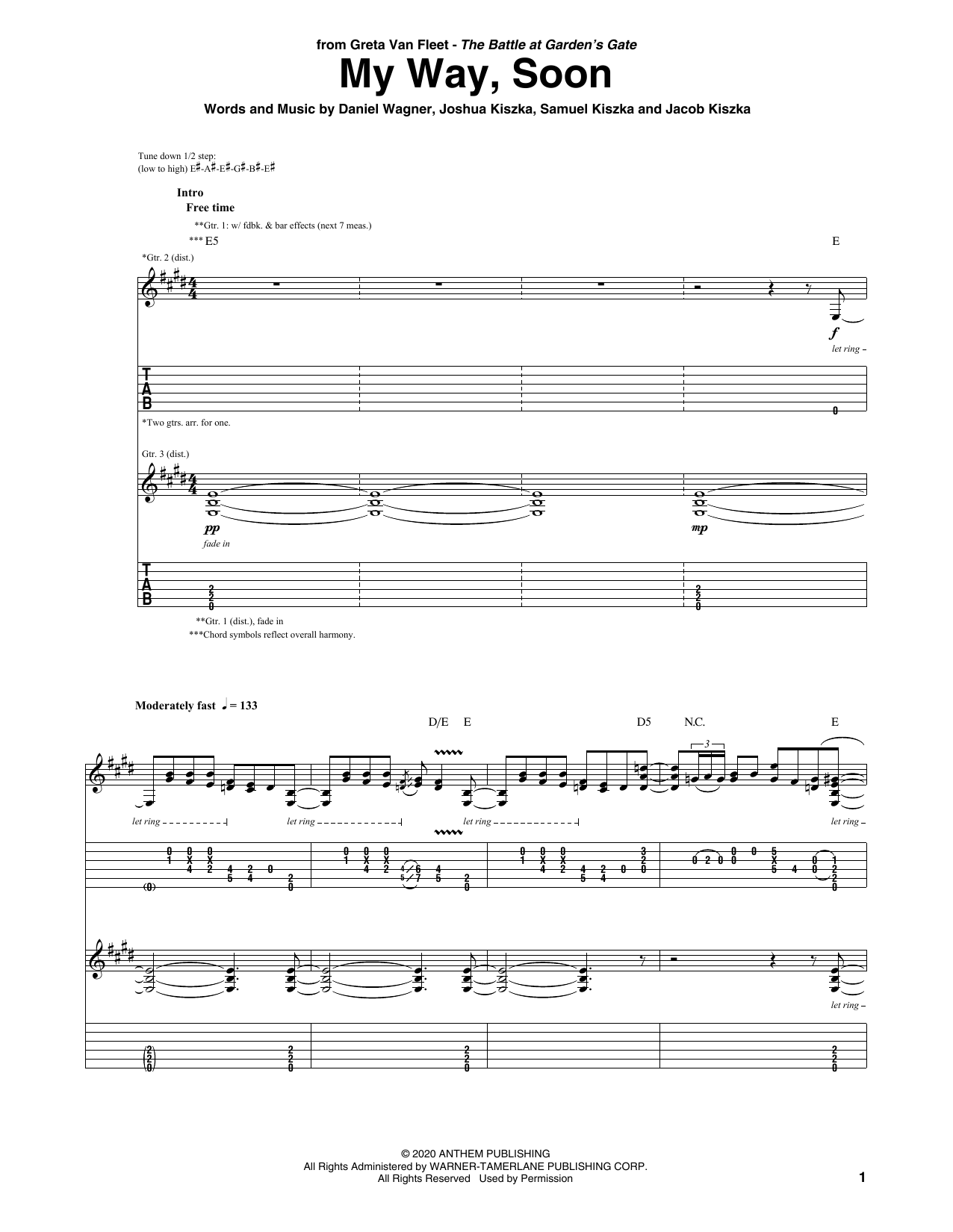 Download Greta Van Fleet My Way, Soon Sheet Music and learn how to play Guitar Tab PDF digital score in minutes