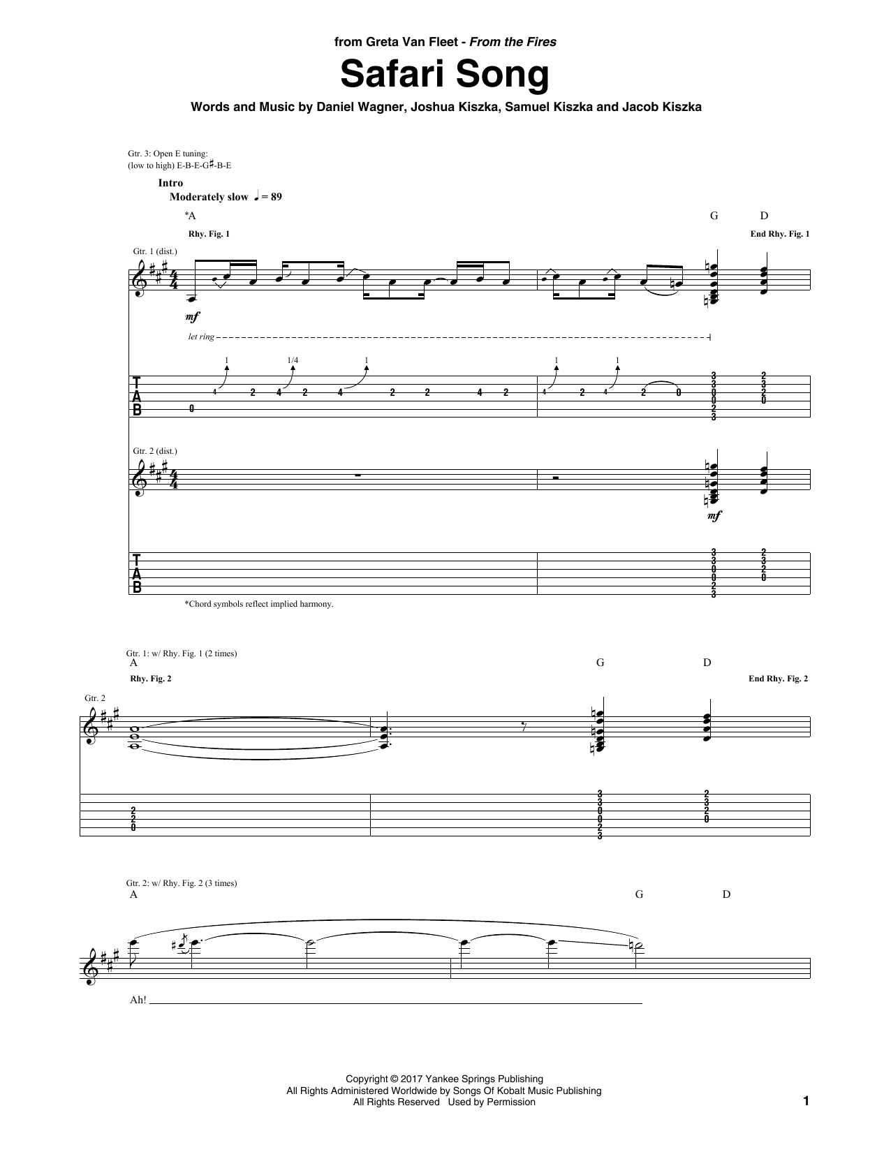 Download Greta Van Fleet Safari Song Sheet Music and learn how to play Guitar Tab PDF digital score in minutes