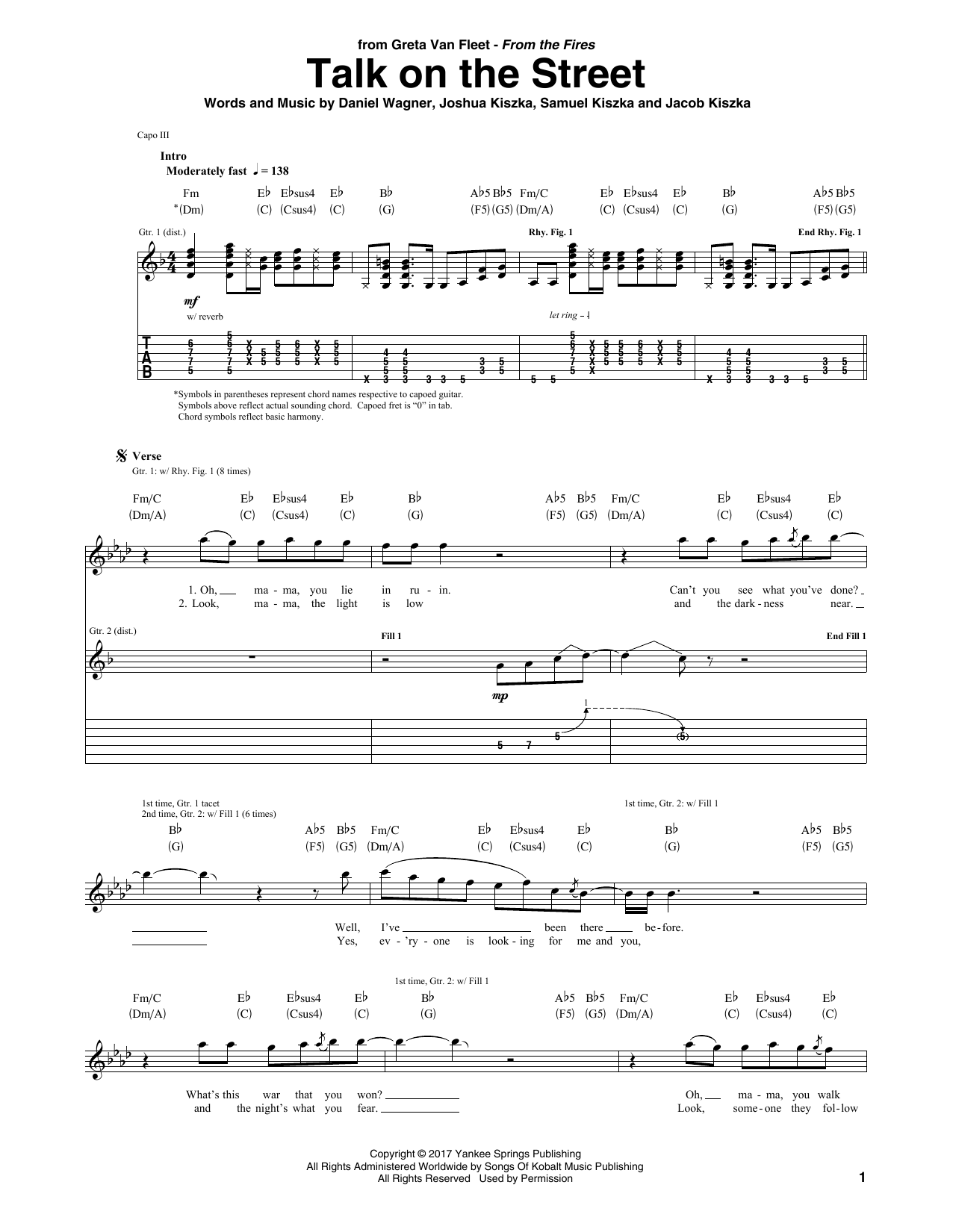 Download Greta Van Fleet Talk On The Street Sheet Music and learn how to play Guitar Tab PDF digital score in minutes