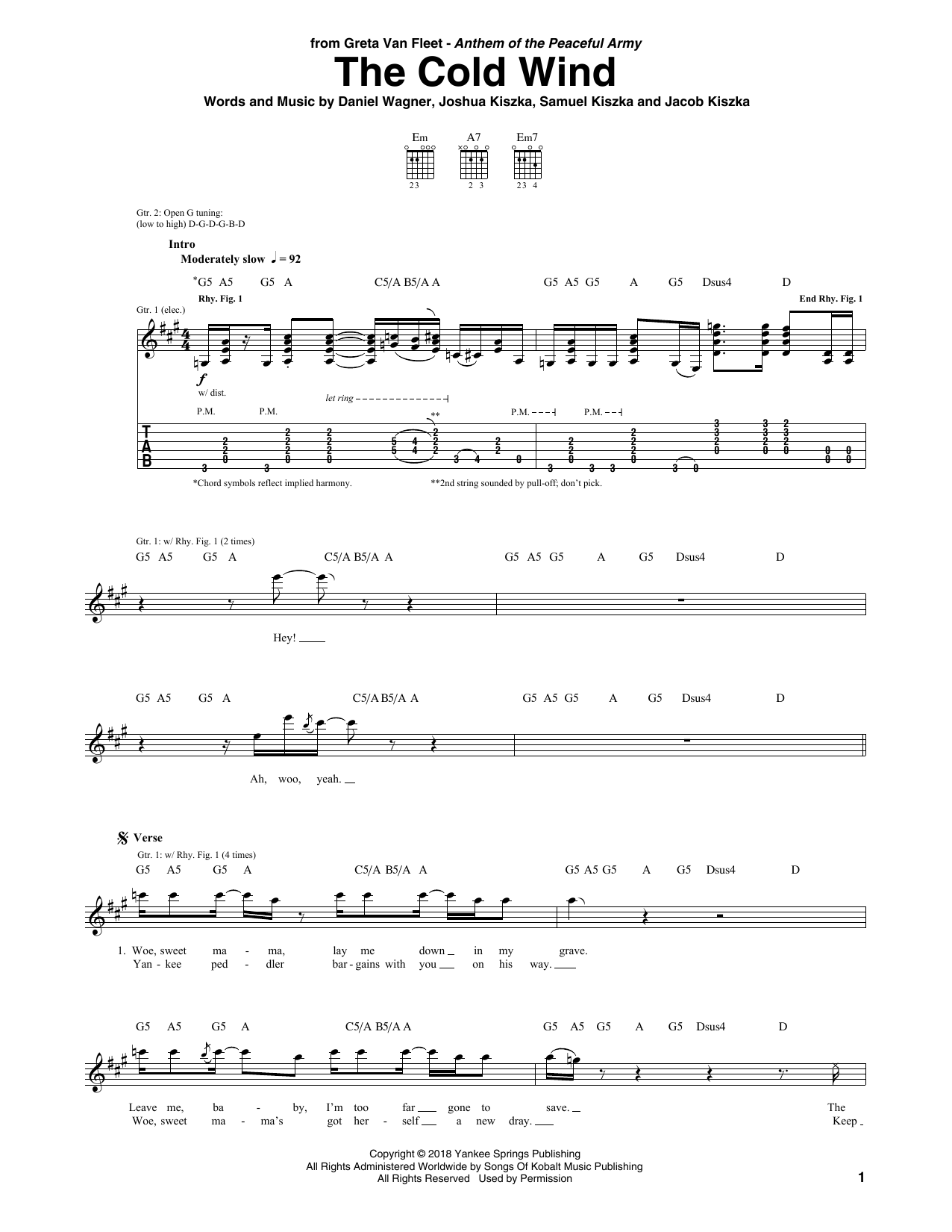 Download Greta Van Fleet The Cold Wind Sheet Music and learn how to play Guitar Tab PDF digital score in minutes