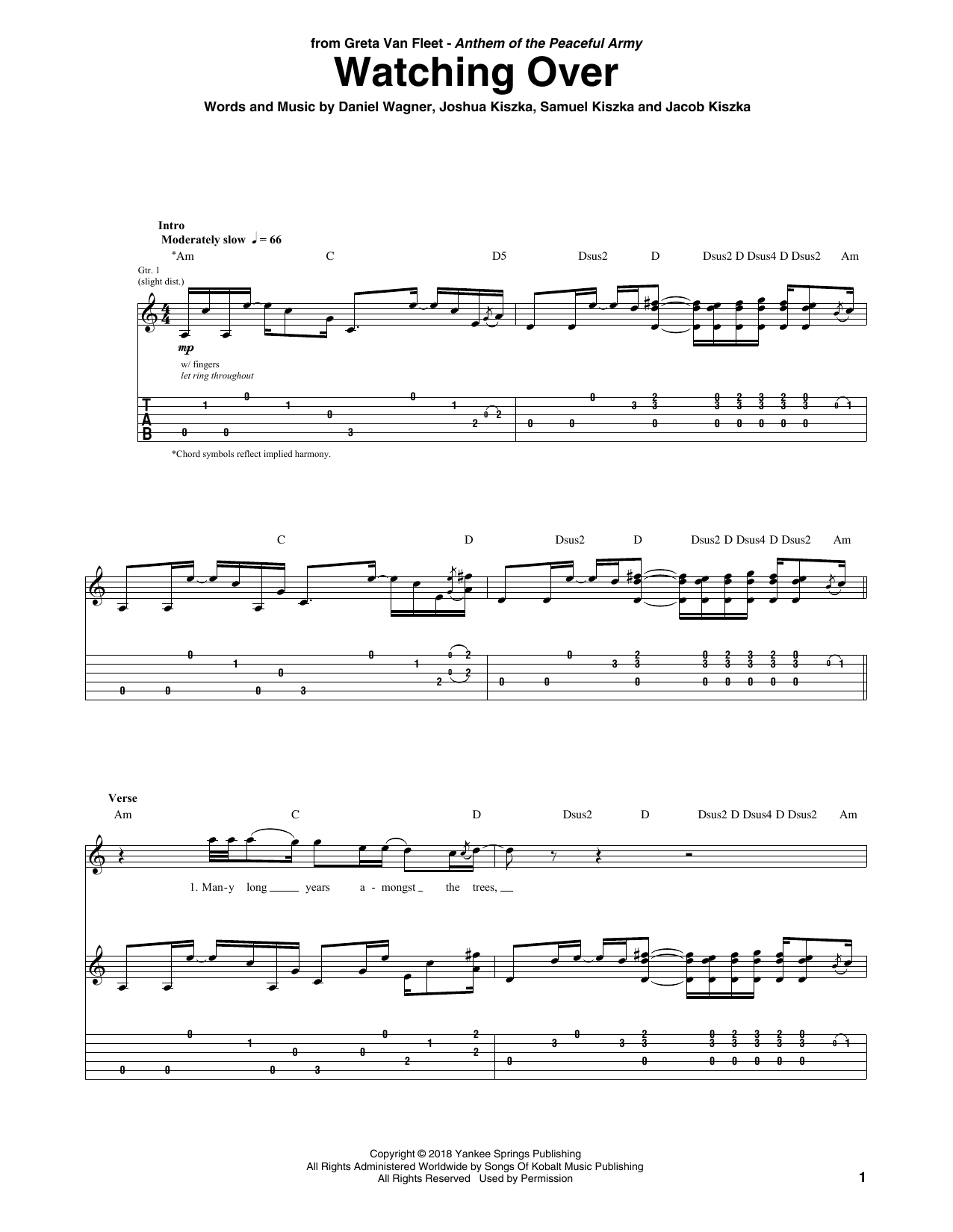 Download Greta Van Fleet Watching Over Sheet Music and learn how to play Guitar Tab PDF digital score in minutes