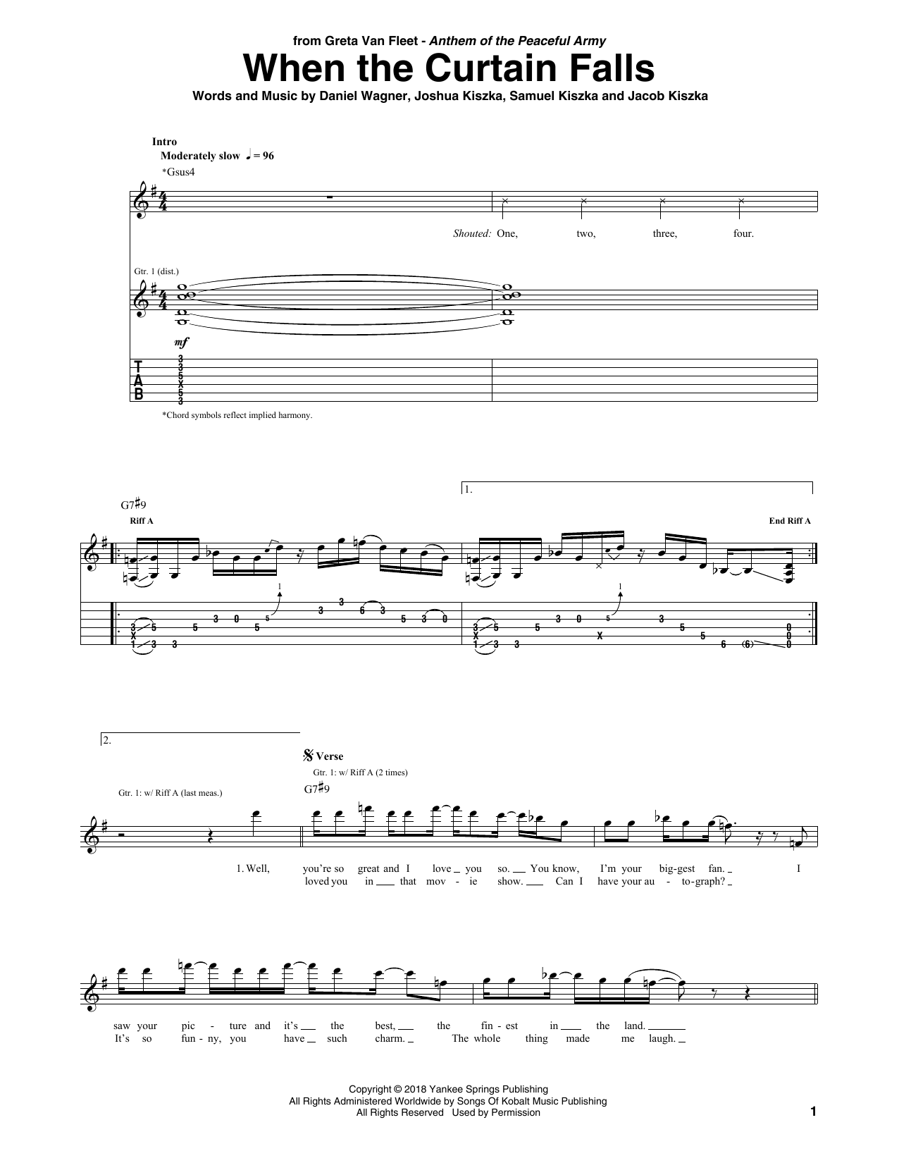 Download Greta Van Fleet When The Curtain Falls Sheet Music and learn how to play Guitar Tab PDF digital score in minutes