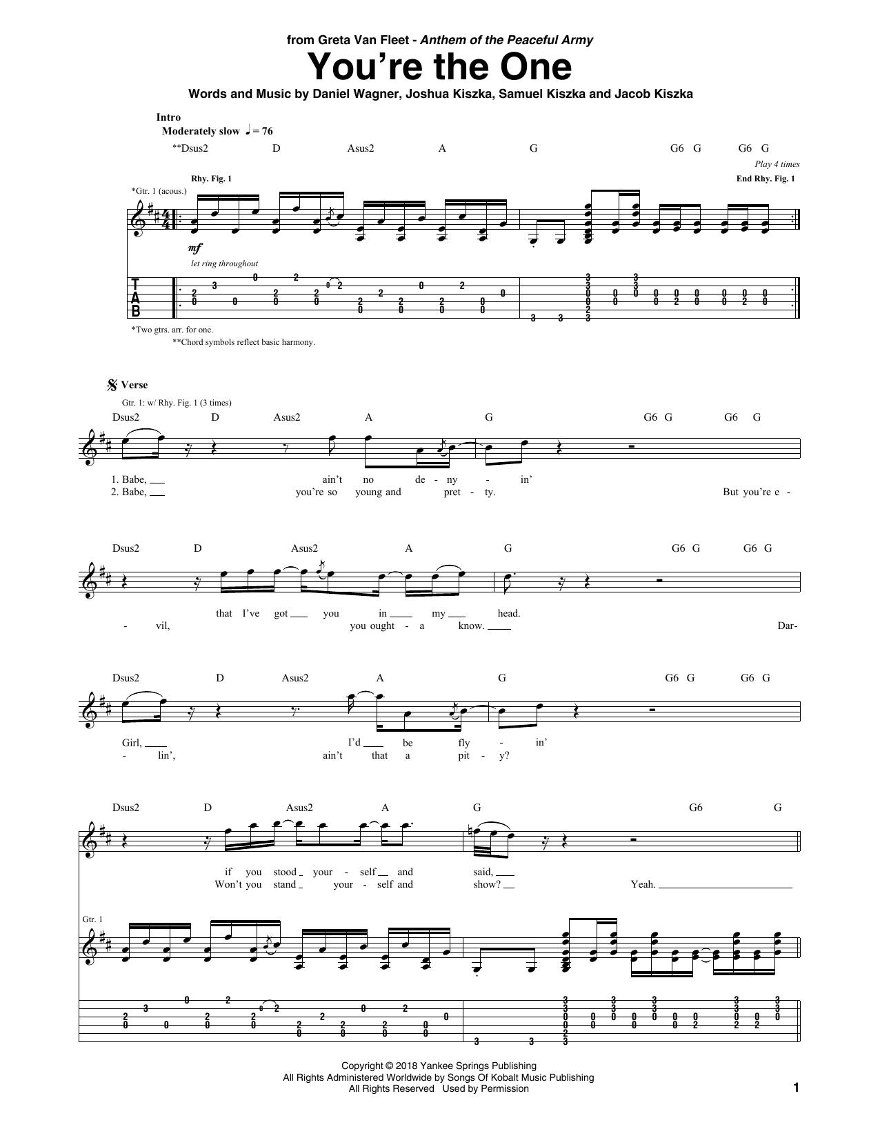 Download Greta Van Fleet You're The One Sheet Music and learn how to play Guitar Tab PDF digital score in minutes