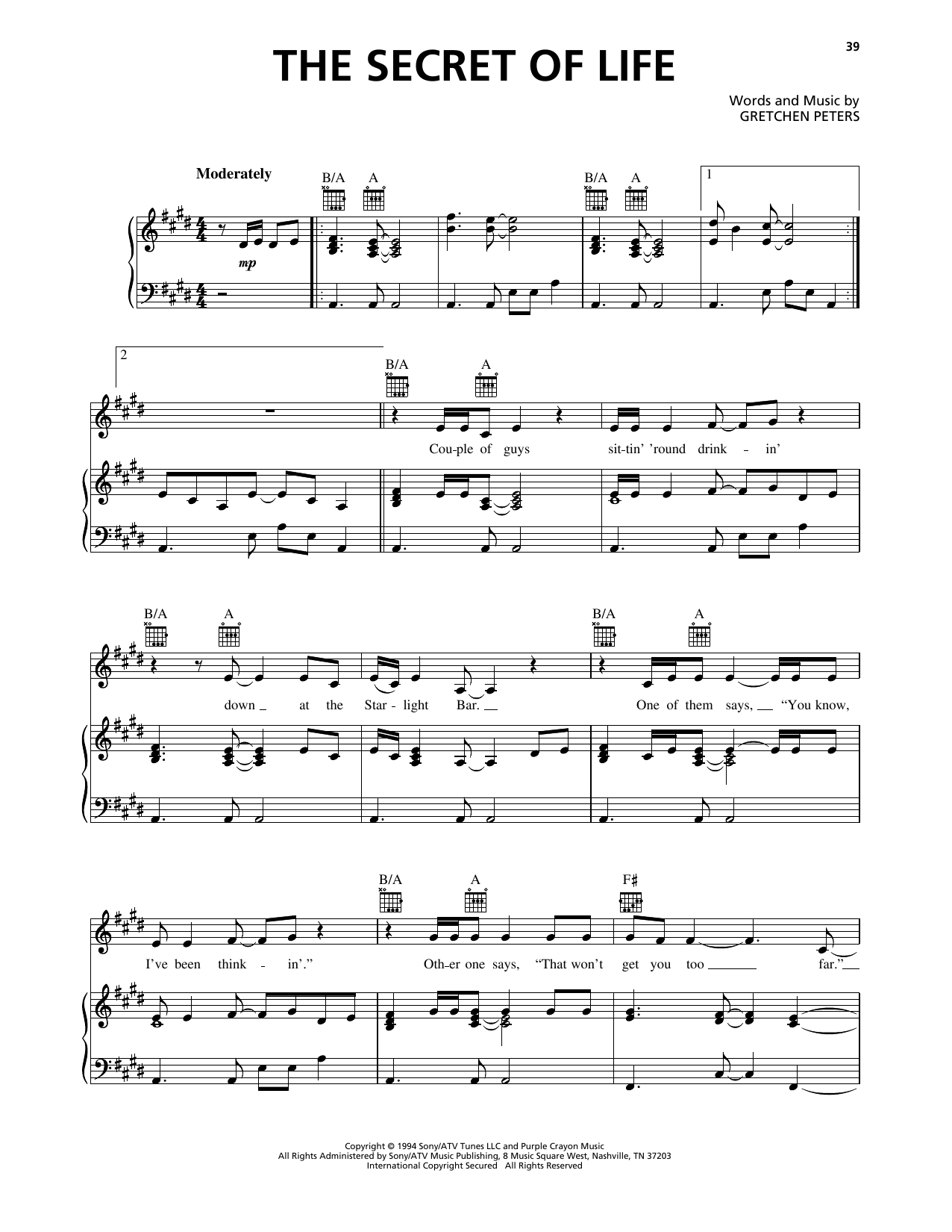 Download Gretchen Peters The Secret Of Life Sheet Music and learn how to play Piano, Vocal & Guitar Chords (Right-Hand Melody) PDF digital score in minutes