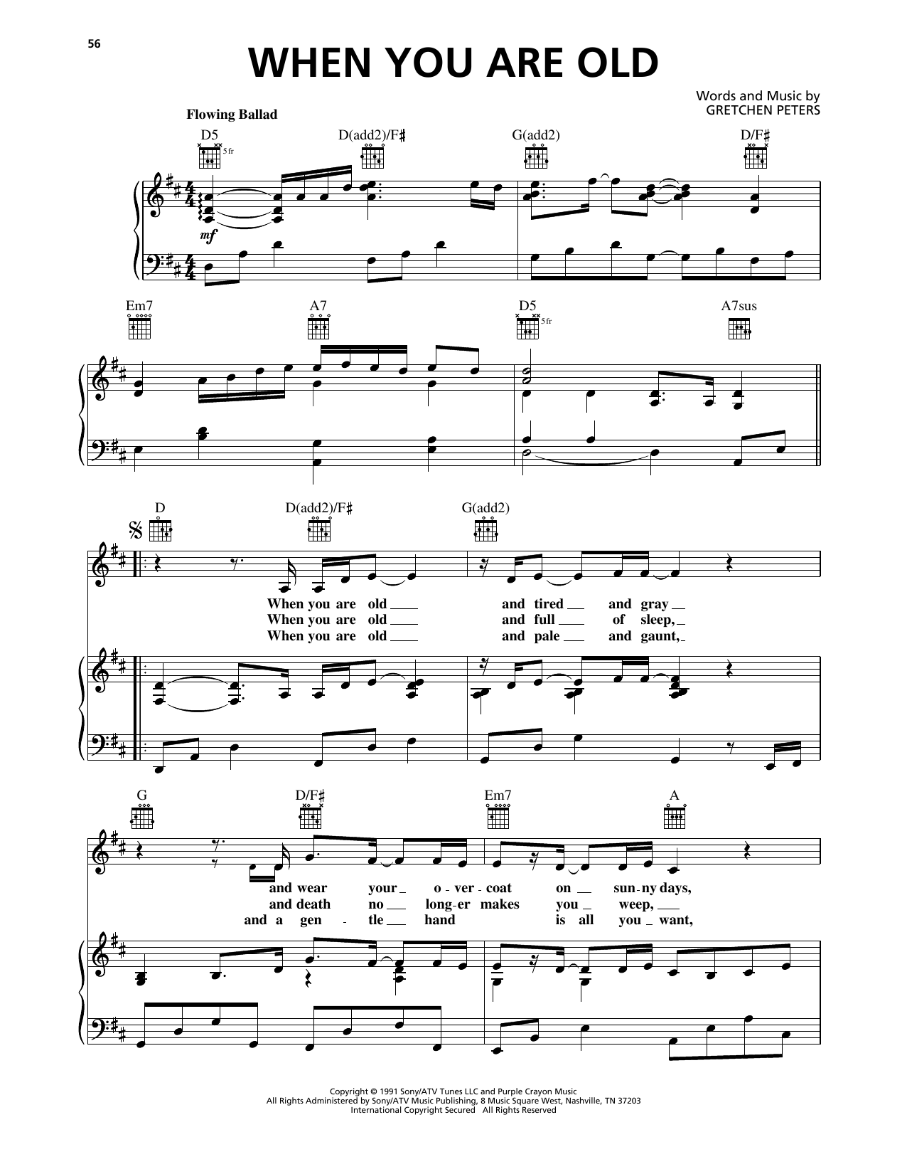 Download Gretchen Peters When You Are Old Sheet Music and learn how to play Piano, Vocal & Guitar Chords (Right-Hand Melody) PDF digital score in minutes