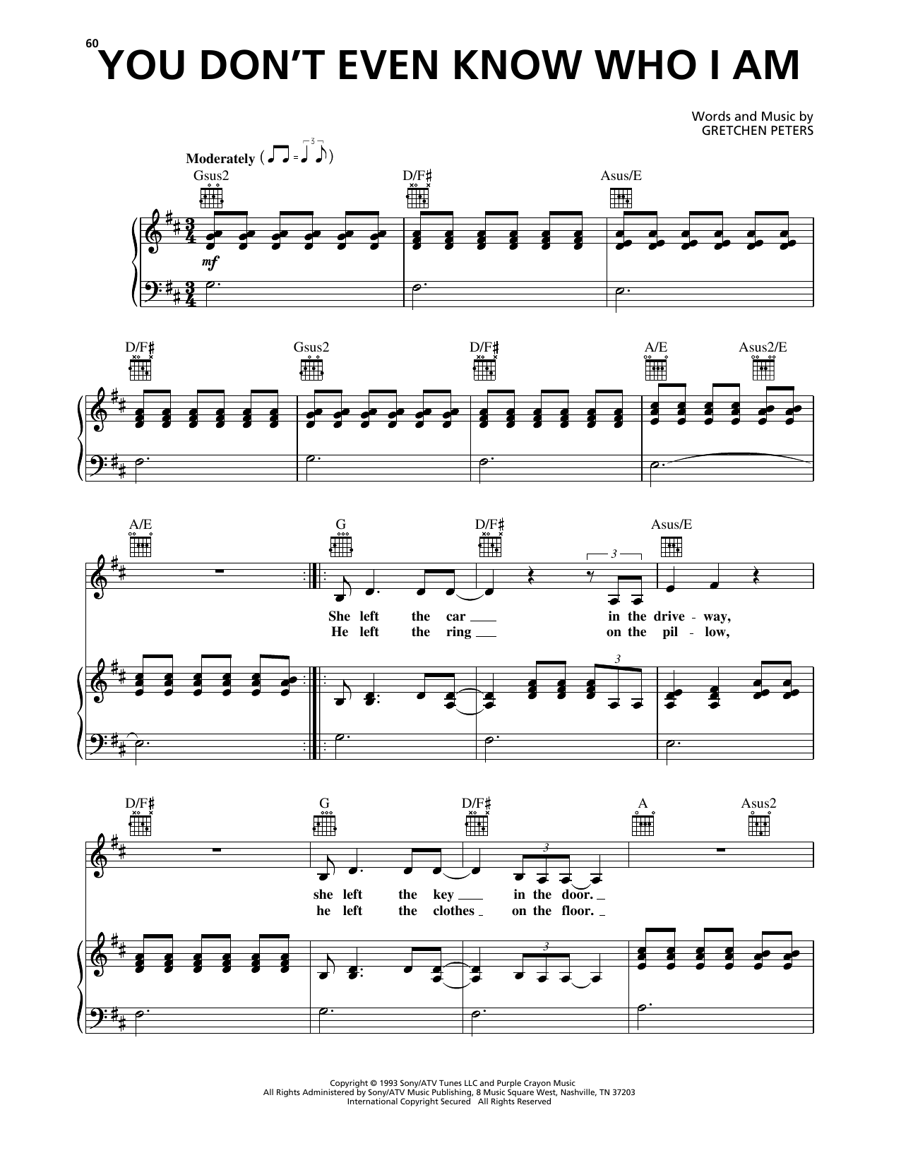 Download Gretchen Peters You Don't Even Know Who I Am Sheet Music and learn how to play Piano, Vocal & Guitar Chords (Right-Hand Melody) PDF digital score in minutes