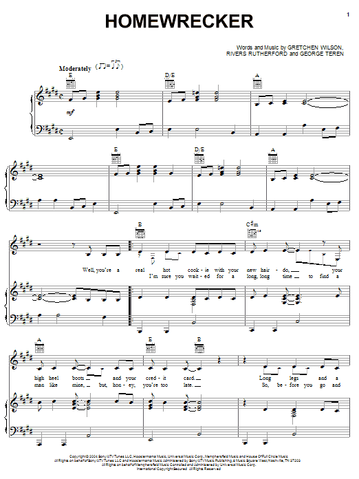 Download Gretchen Wilson Homewrecker Sheet Music and learn how to play Piano, Vocal & Guitar (Right-Hand Melody) PDF digital score in minutes