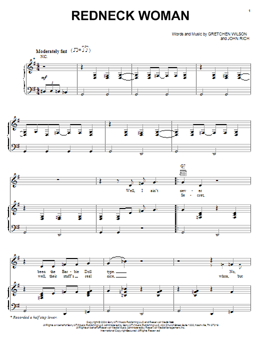 Download Gretchen Wilson Redneck Woman Sheet Music and learn how to play Melody Line, Lyrics & Chords PDF digital score in minutes