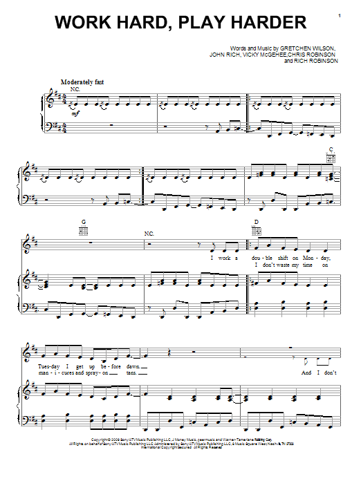 Download Gretchen Wilson Work Hard, Play Harder Sheet Music and learn how to play Piano, Vocal & Guitar (Right-Hand Melody) PDF digital score in minutes