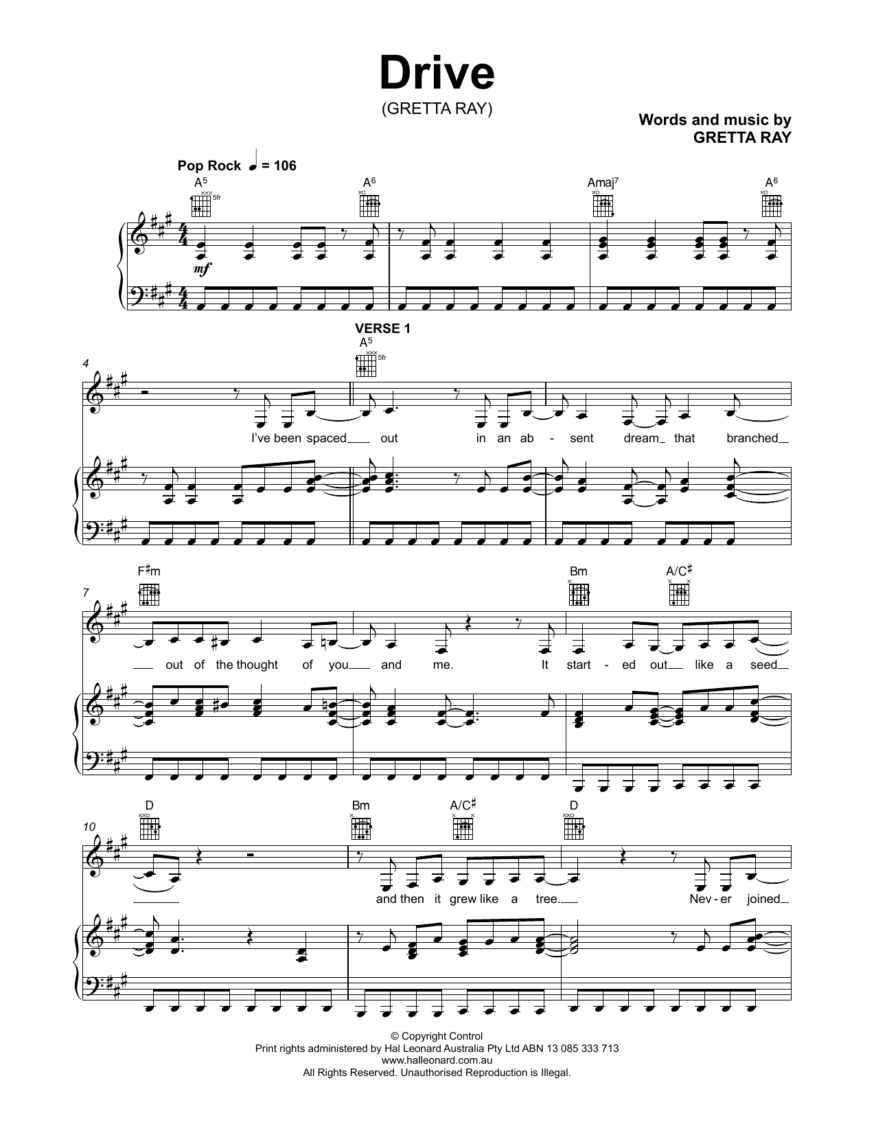 Download Gretta Ray Drive Sheet Music and learn how to play Piano, Vocal & Guitar Chords (Right-Hand Melody) PDF digital score in minutes