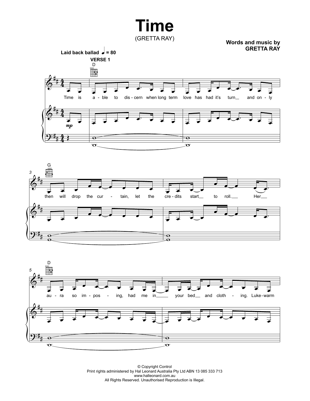 Download Gretta Ray Time Sheet Music and learn how to play Piano, Vocal & Guitar Chords (Right-Hand Melody) PDF digital score in minutes