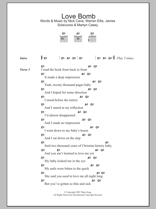 Download Nick Cave Love Bomb Sheet Music and learn how to play Lyrics & Chords PDF digital score in minutes