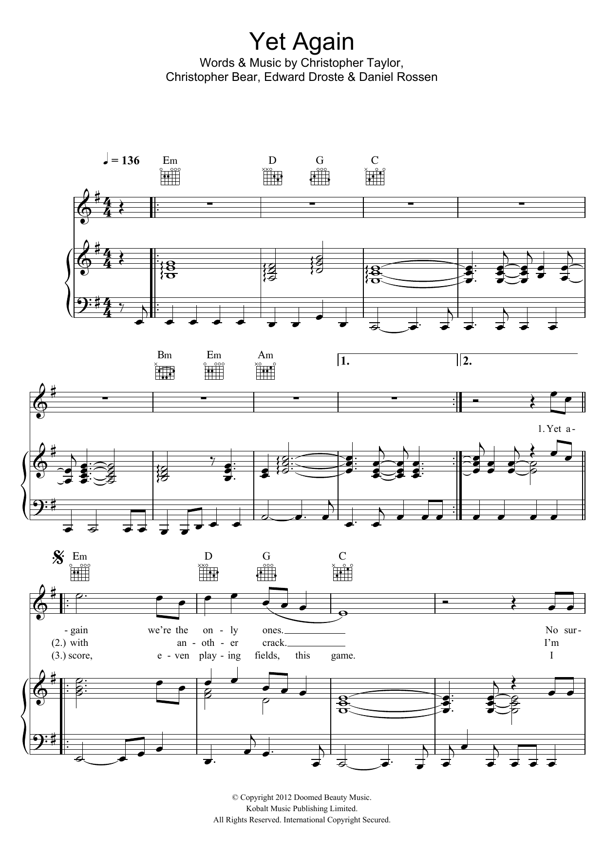 Download Grizzly Bear Yet Again Sheet Music and learn how to play Piano, Vocal & Guitar (Right-Hand Melody) PDF digital score in minutes