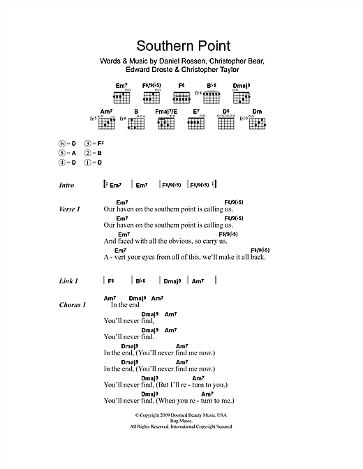 Download Grizzly Bear Southern Point Sheet Music and learn how to play Lyrics & Chords PDF digital score in minutes