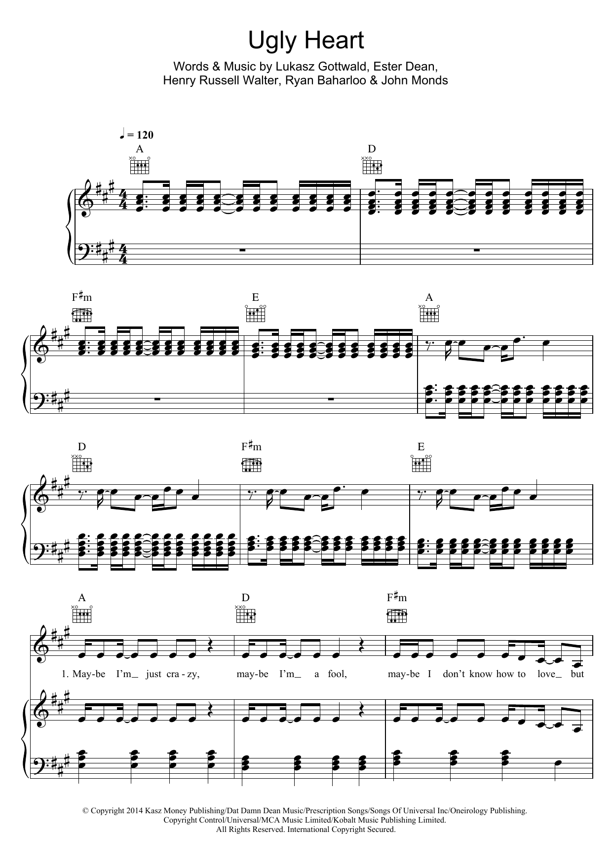 Download G.R.L. Ugly Heart Sheet Music and learn how to play Piano, Vocal & Guitar (Right-Hand Melody) PDF digital score in minutes