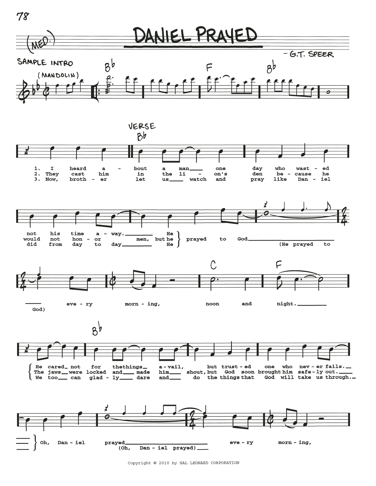 Download G.T. Speer Daniel Prayed Sheet Music and learn how to play Real Book – Melody, Lyrics & Chords PDF digital score in minutes