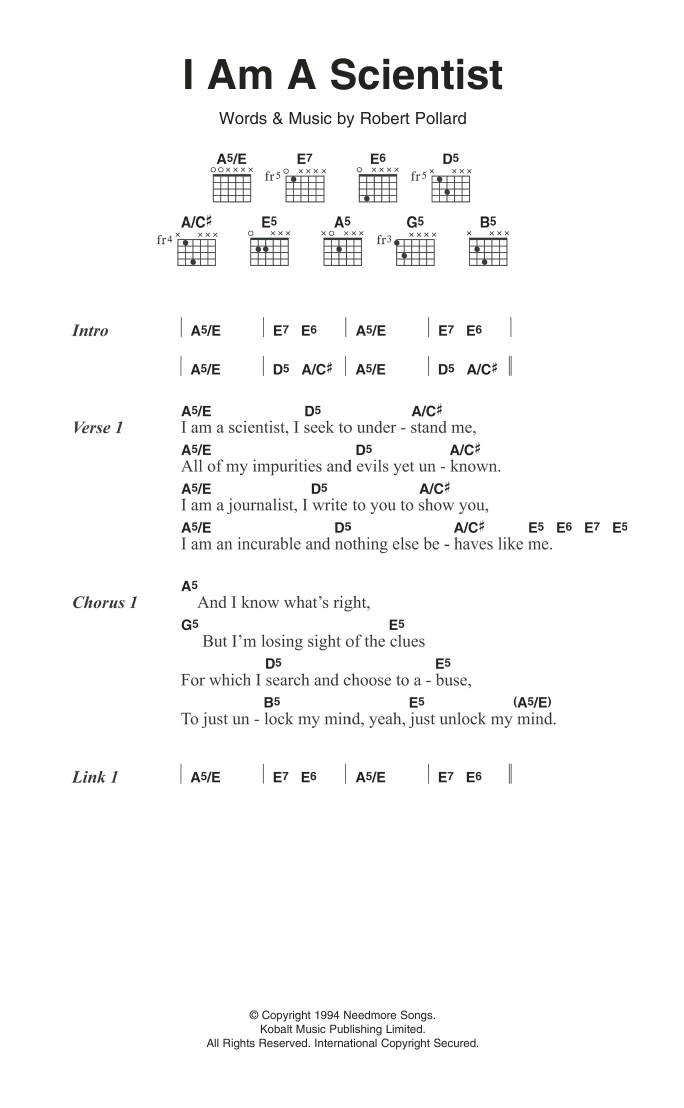 Download Guided By Voices I Am A Scientist Sheet Music and learn how to play Lyrics & Chords PDF digital score in minutes