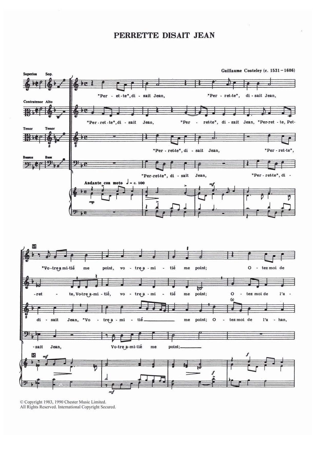 Download Guillaume Costeley Perrette, Disait Jean Sheet Music and learn how to play Choir PDF digital score in minutes