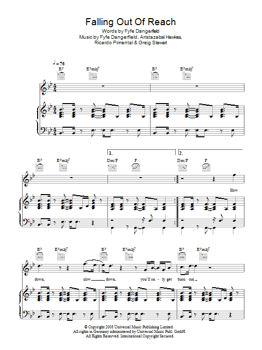 Download Guillemots Falling Out Of Reach Sheet Music and learn how to play Piano, Vocal & Guitar PDF digital score in minutes