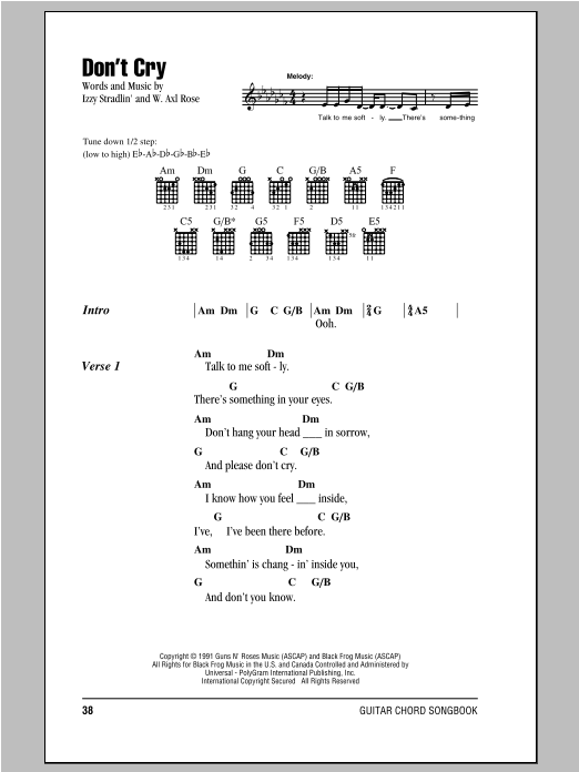 Download Guns N' Roses Don't Cry Sheet Music and learn how to play Lyrics & Chords PDF digital score in minutes