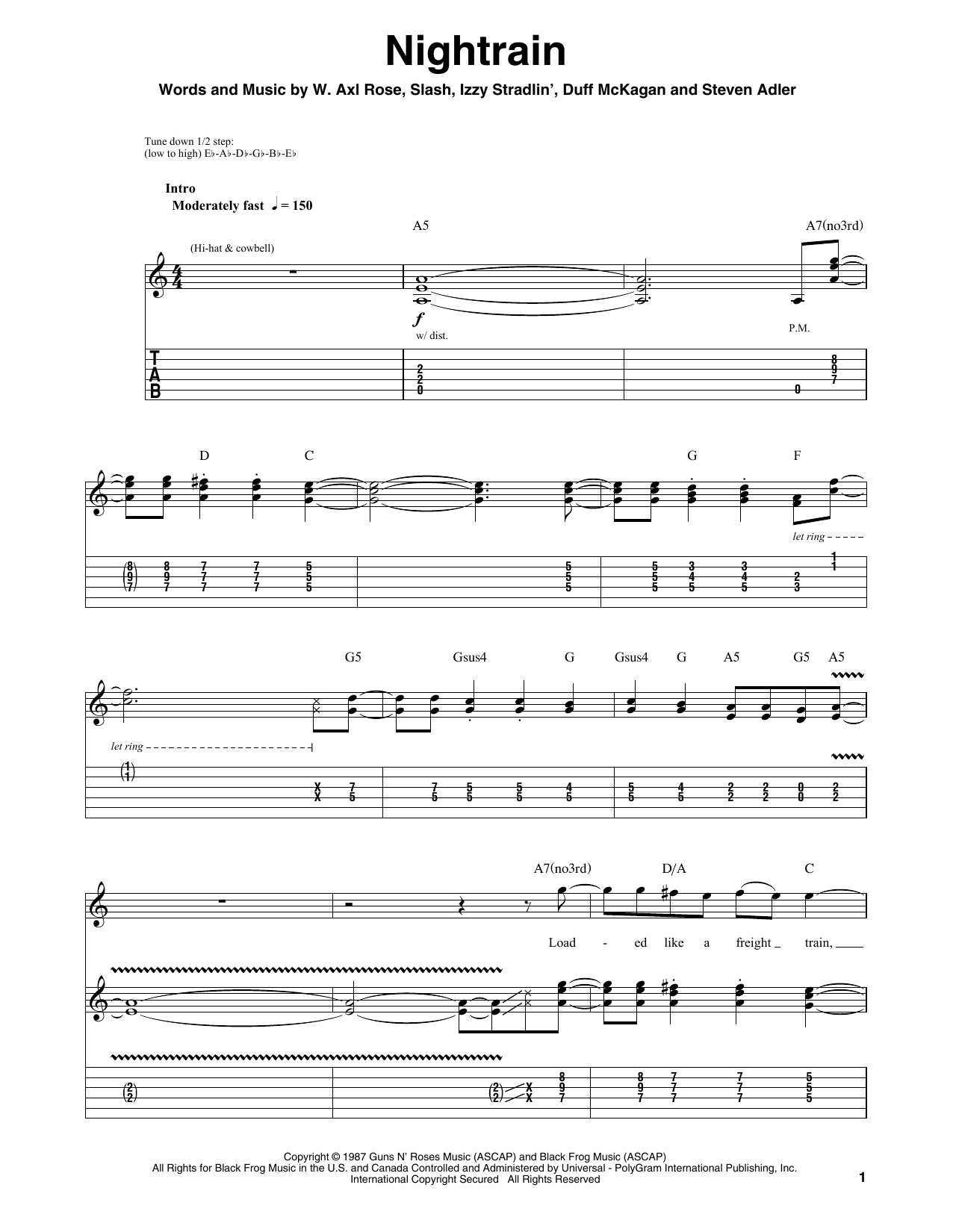 Download Guns N' Roses Nightrain Sheet Music and learn how to play Guitar Tab (Single Guitar) PDF digital score in minutes