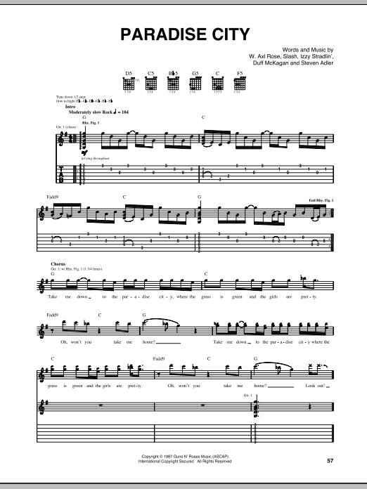 Download Guns N' Roses Paradise City (live version) Sheet Music and learn how to play Guitar Tab PDF digital score in minutes