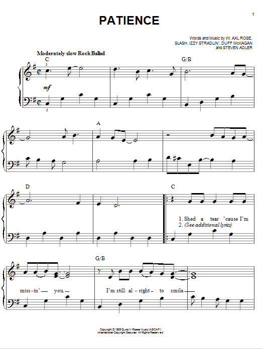 Download Guns N' Roses Patience Sheet Music and learn how to play Mandolin PDF digital score in minutes