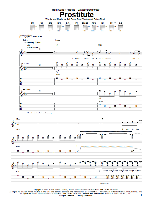 Download Guns N' Roses Prostitute Sheet Music and learn how to play Guitar Tab PDF digital score in minutes