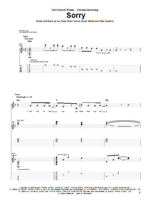 Download Guns N' Roses Sorry Sheet Music and learn how to play Guitar Tab PDF digital score in minutes