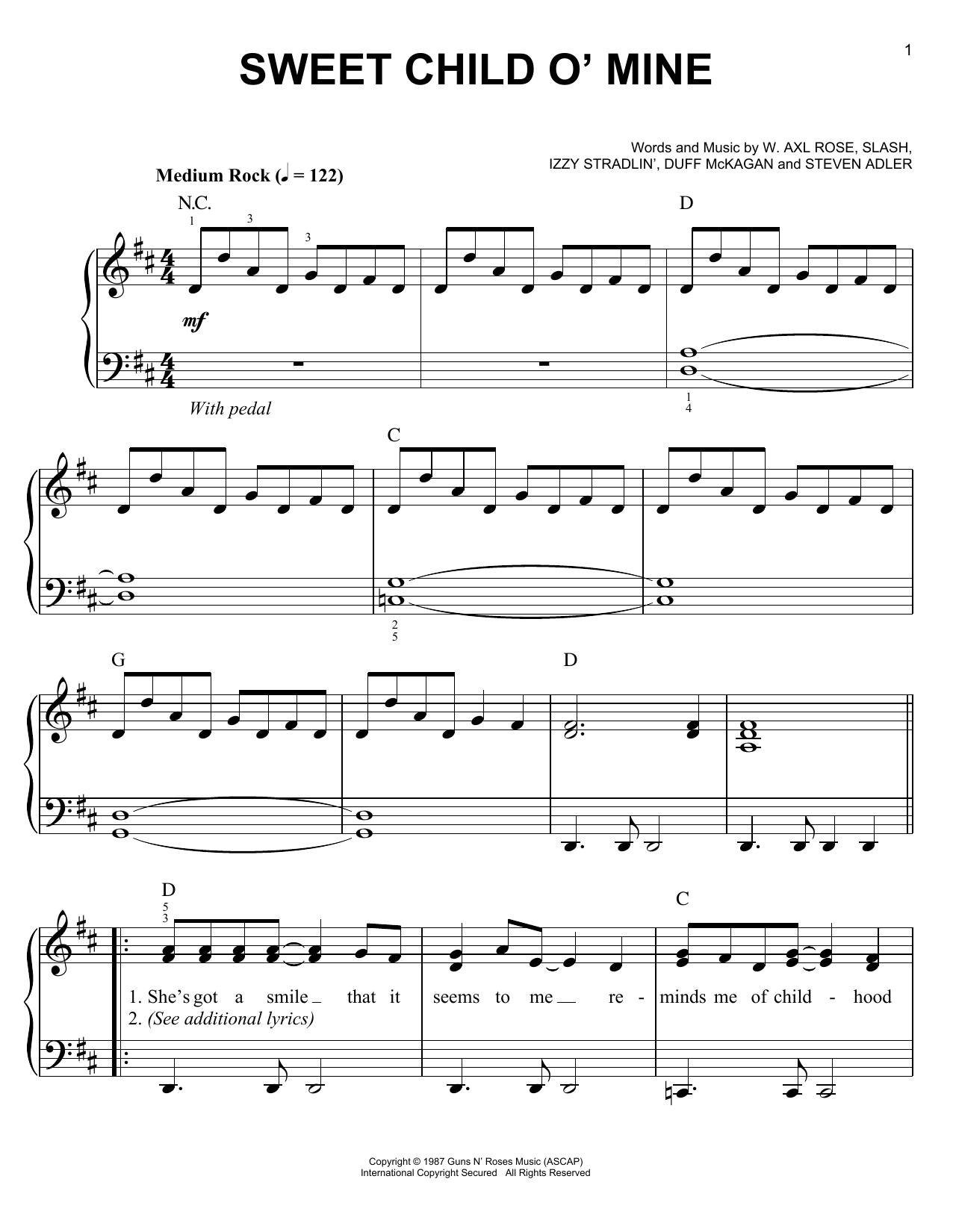 Download Guns N' Roses Sweet Child O' Mine Sheet Music and learn how to play Very Easy Piano PDF digital score in minutes