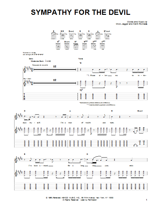 Download Guns N' Roses Sympathy For The Devil Sheet Music and learn how to play Piano, Vocal & Guitar (Right-Hand Melody) PDF digital score in minutes