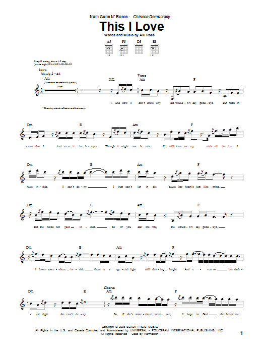 Download Guns N' Roses This I Love Sheet Music and learn how to play Piano, Vocal & Guitar Chords (Right-Hand Melody) PDF digital score in minutes