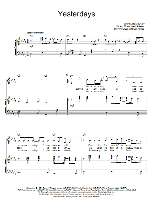 Download Guns N' Roses Yesterdays Sheet Music and learn how to play Piano, Vocal & Guitar (Right-Hand Melody) PDF digital score in minutes