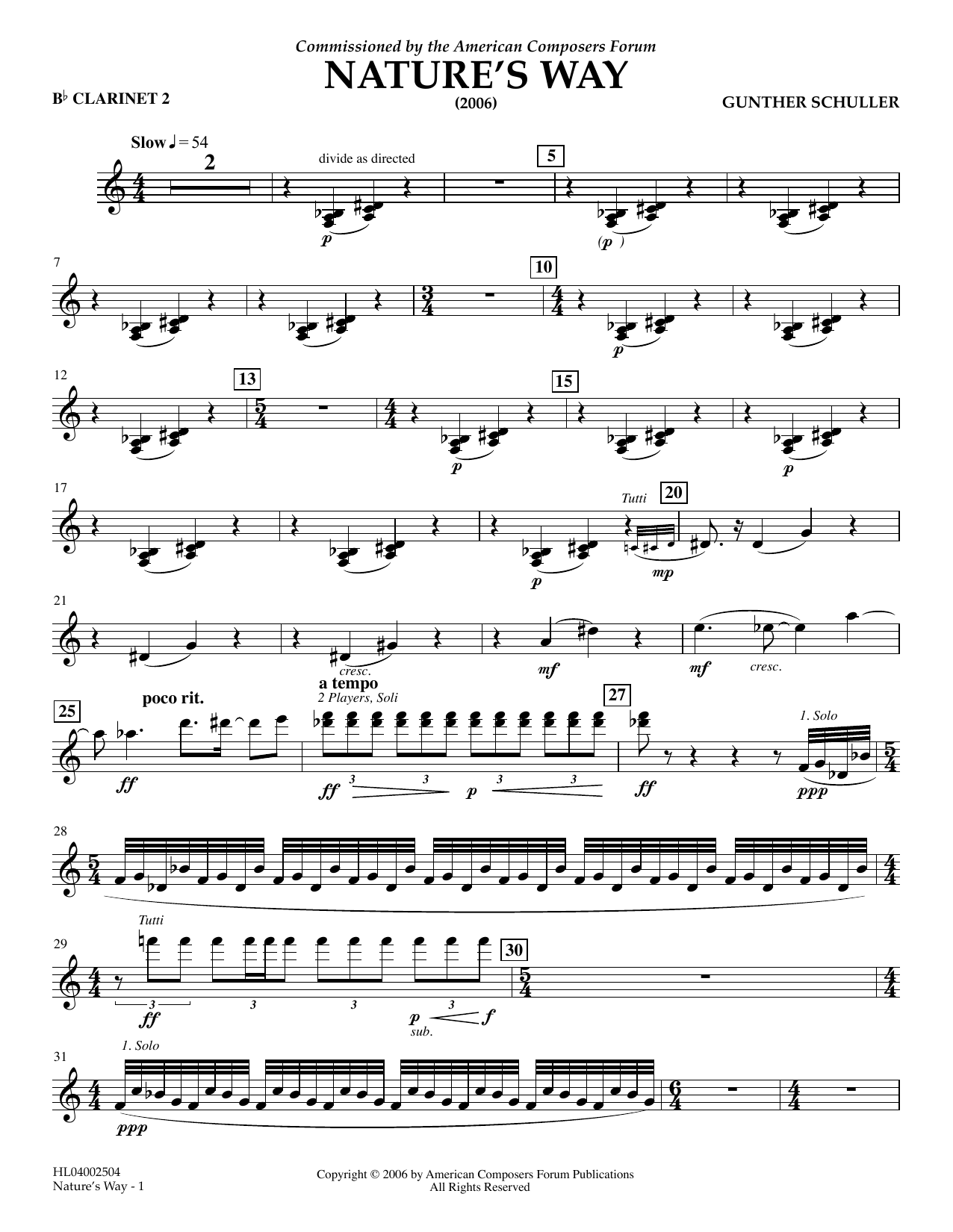 Download Gunther Schuller Nature's Way - Bb Clarinet 2 Sheet Music and learn how to play Concert Band PDF digital score in minutes