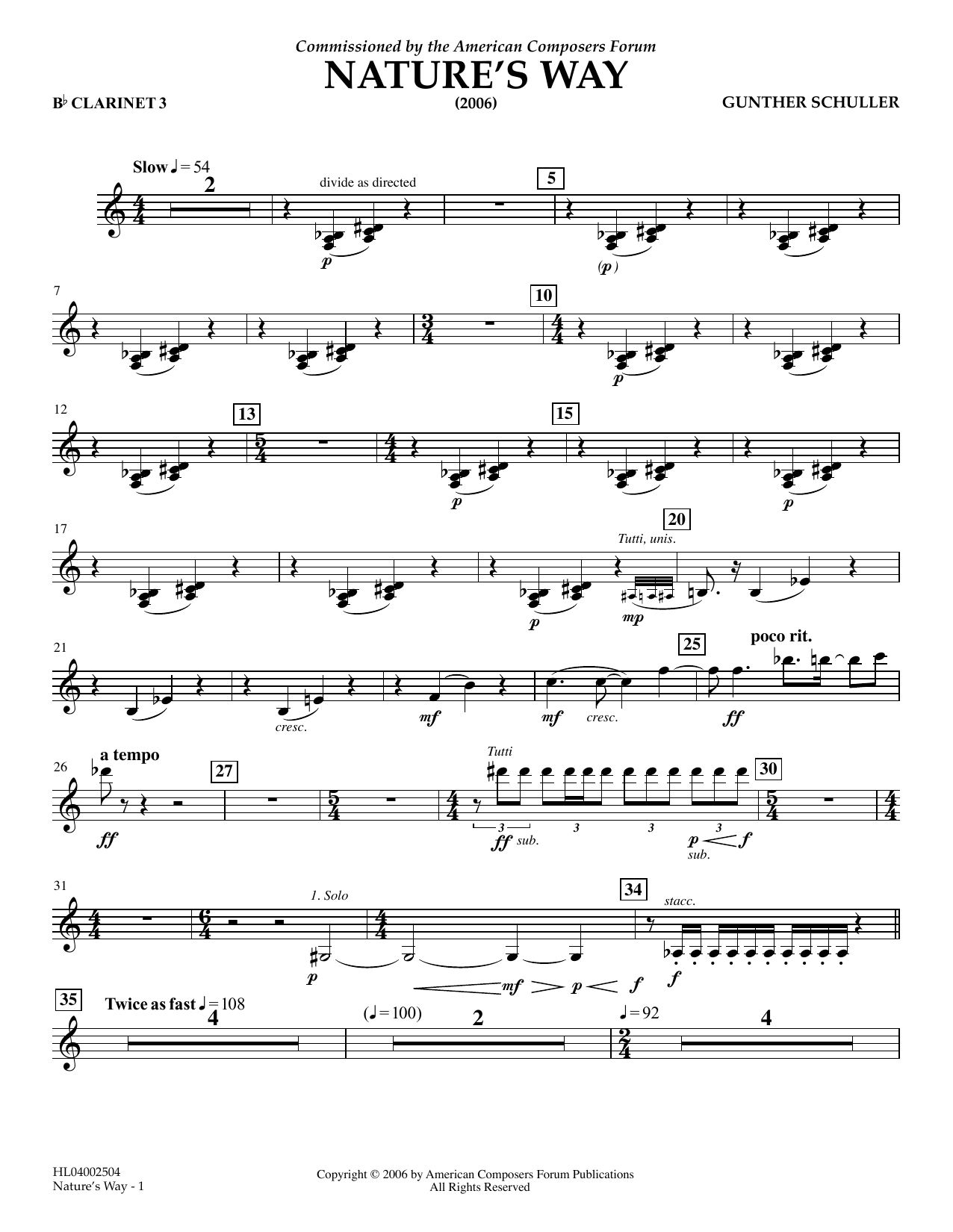 Download Gunther Schuller Nature's Way - Bb Clarinet 3 Sheet Music and learn how to play Concert Band PDF digital score in minutes