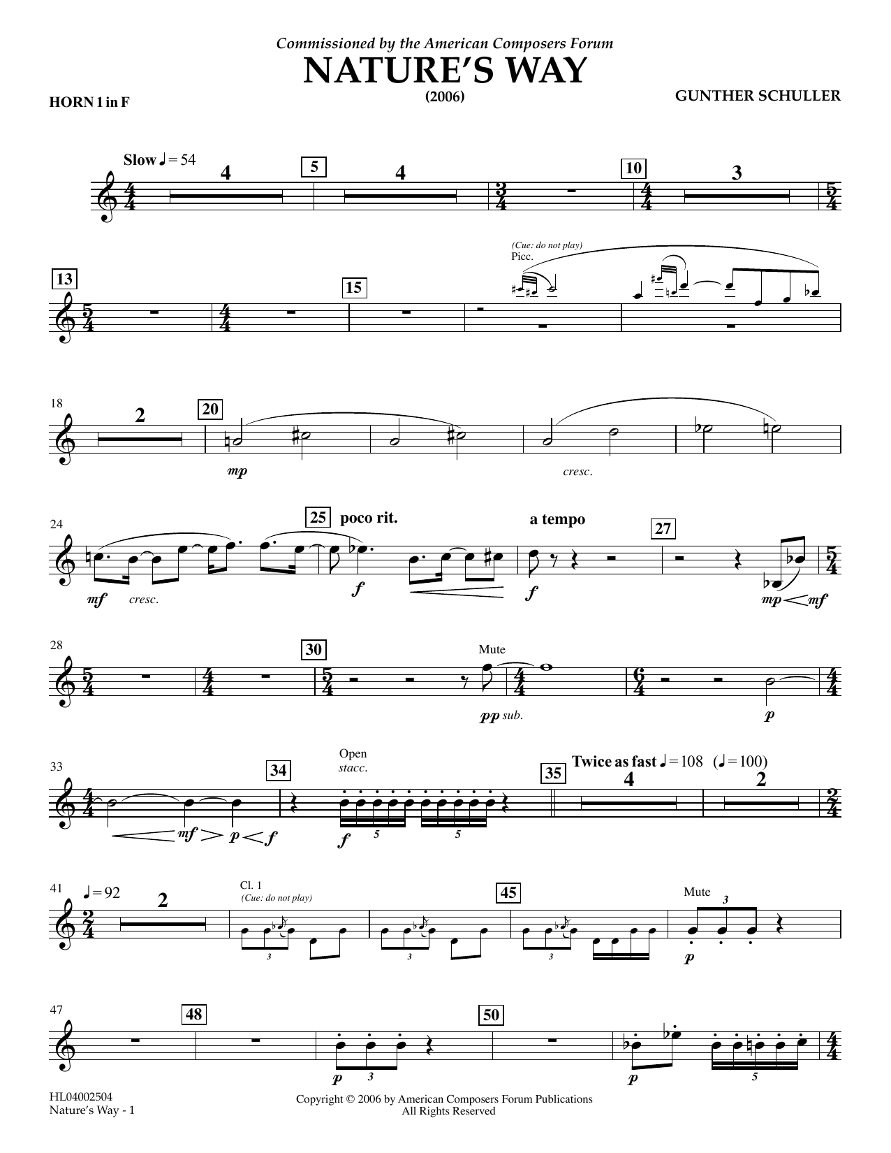 Download Gunther Schuller Nature's Way - F Horn 1 Sheet Music and learn how to play Concert Band PDF digital score in minutes