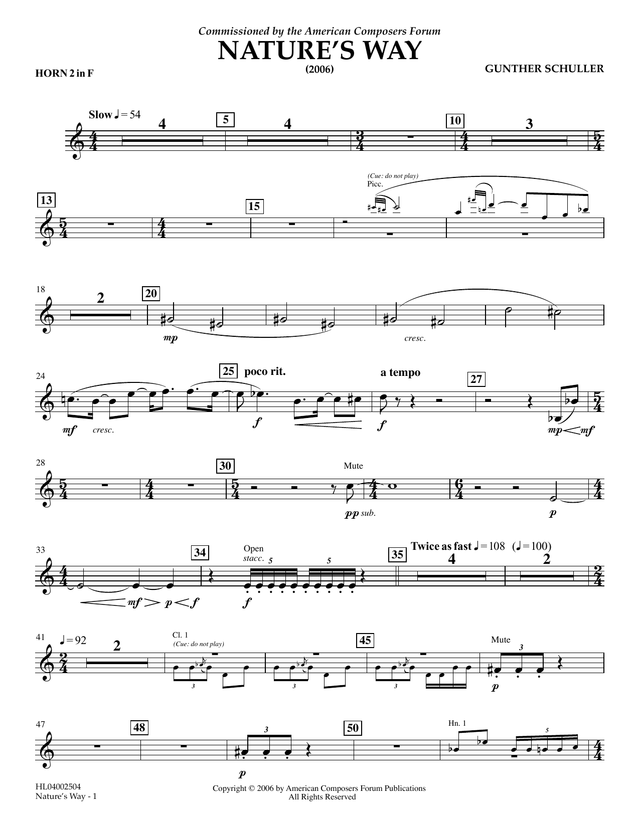 Download Gunther Schuller Nature's Way - F Horn 2 Sheet Music and learn how to play Concert Band PDF digital score in minutes